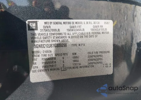 2007 Chevrolet Avalanche 1500 Lt from USA, damaged, VIN 3GNEC12J87G309298